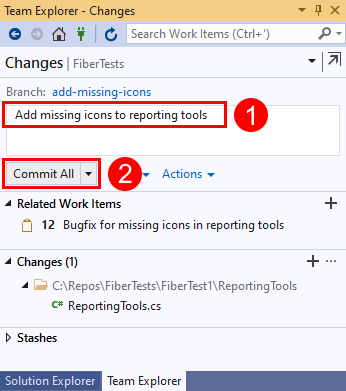 Screenshot der Schaltfläche „Screenshot des Commit-Nachrichtentexts“ und „Commit für alle“ in Visual Studio&nbsp;2019.
