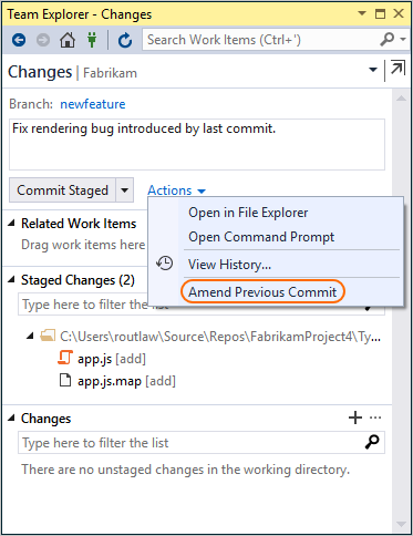 Ändern eines Commits in Visual Studio.
