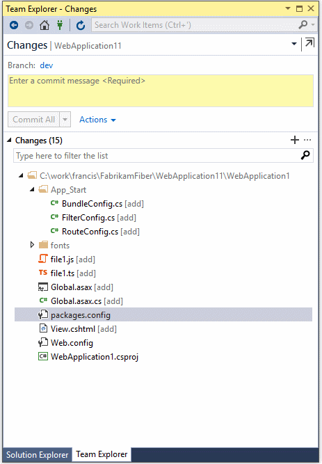 Erstellen Sie einen Commit aus phasenierten Elementen in Visual Studio.