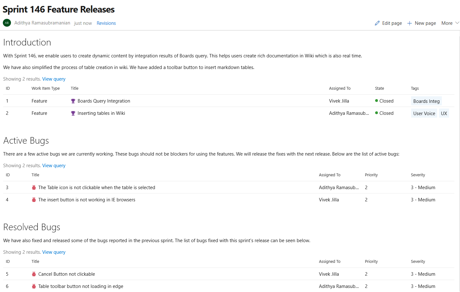 Screenshot: eingebettete Azure Boards Abfrageergebnisse, die im Wiki angezeigt werden