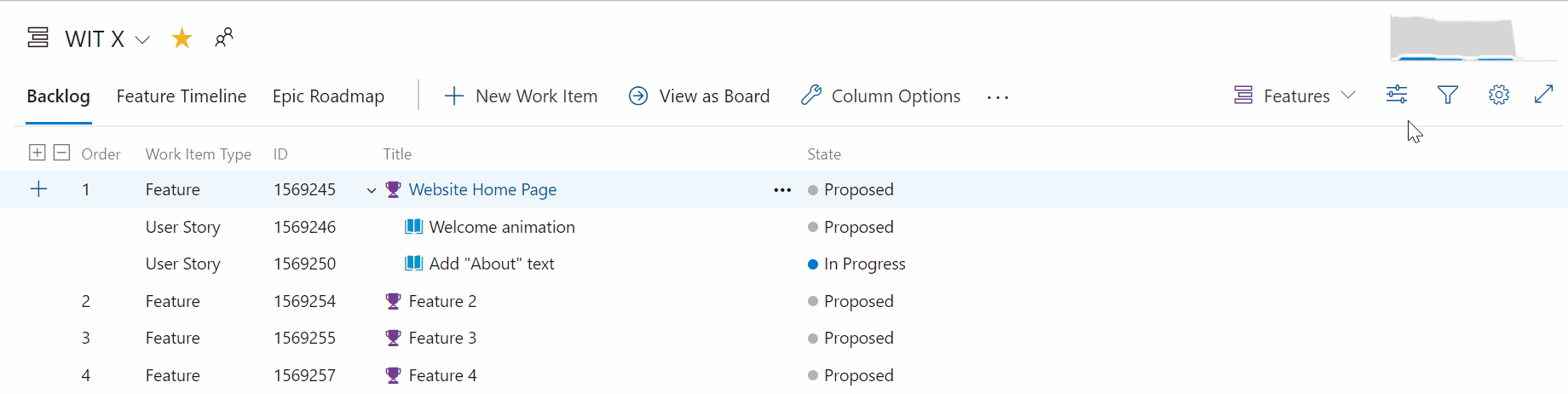 Ein kurzes Video, das zeigt, wie untergeordnete Elemente im Backlog ein- oder ausgeblendet werden können.