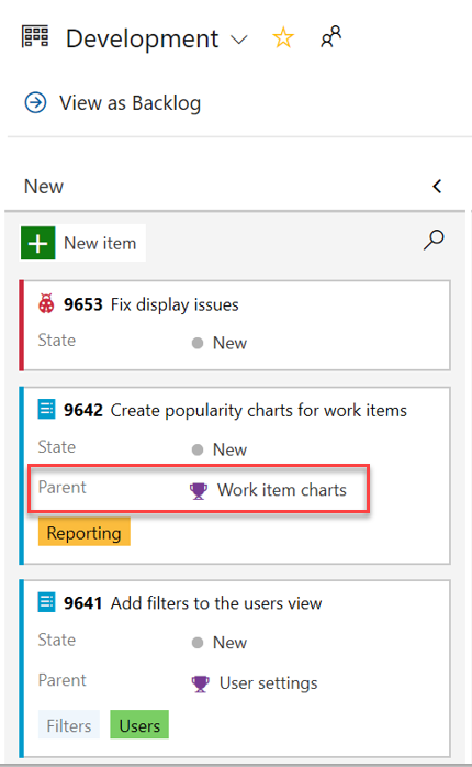 Screenshot einer Arbeitsaufgabenkarte, in der die übergeordnete Option hervorgehoben wird.