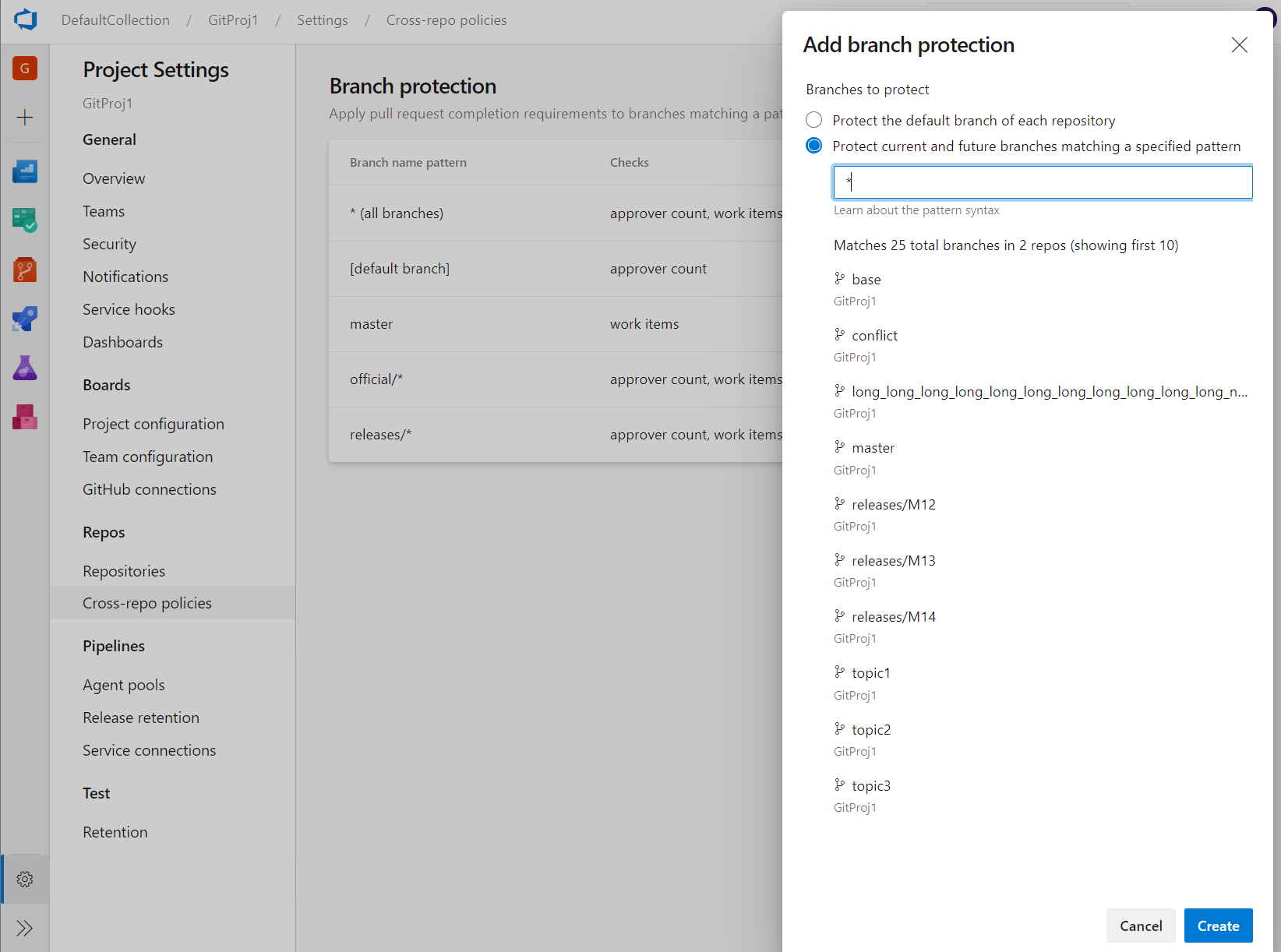 Screenshot des Dialogfelds „Verzweigungsschutz hinzufügen“.