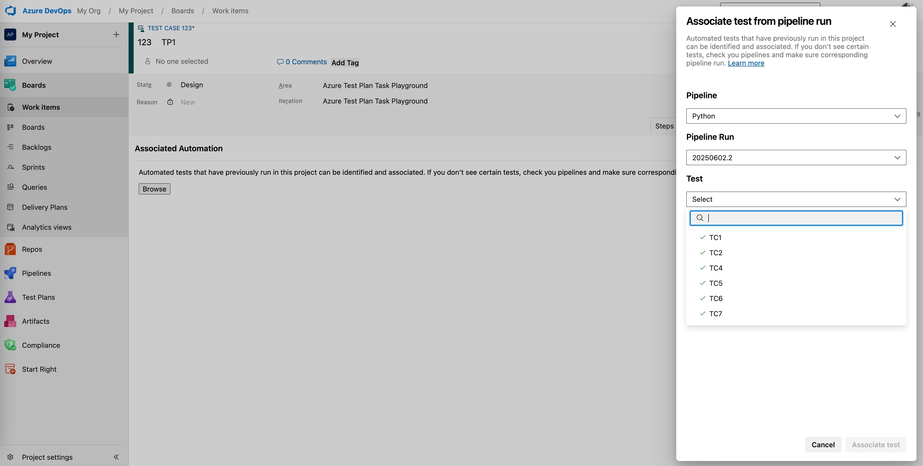 Screenshot der Zuordnung eines automatisierten Tests zu einem Testfall innerhalb einer CI/CD-Pipelineschnittstelle.