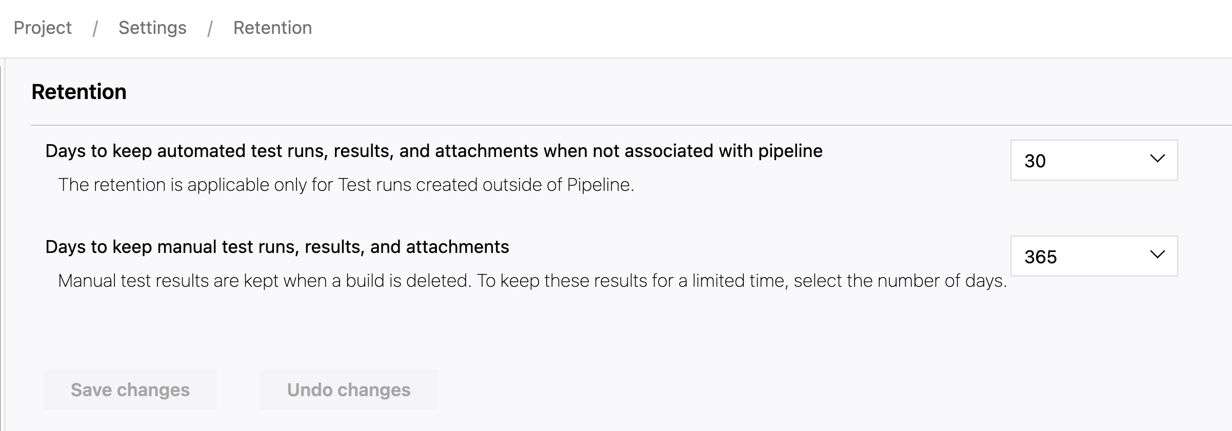 Screenshot mit ausgewählten Grenzwerten für die Aufbewahrung von Testdaten.