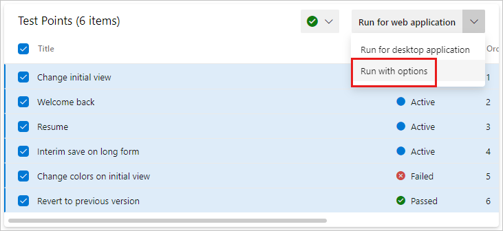 Screenshot, der das Ausführen eines Tests für Webanwendungen mit Optionen zeigt.