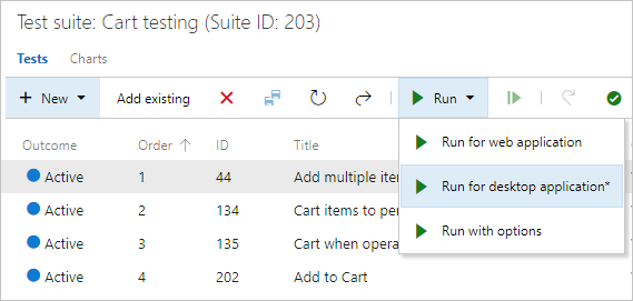 Starten eines Tests mit Optionen