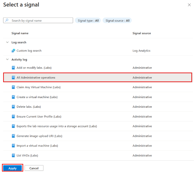 Screenshot: Bereich „Signal auswählen“, in dem „Alle administrativen Vorgänge“ hervorgehoben ist