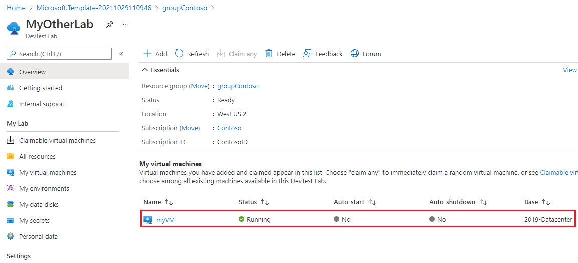 Screenshot that shows the lab Overview page with the virtual machine.