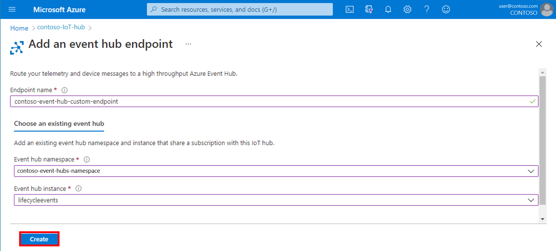 Screenshot of the Azure portal showing how to add an event hub endpoint.