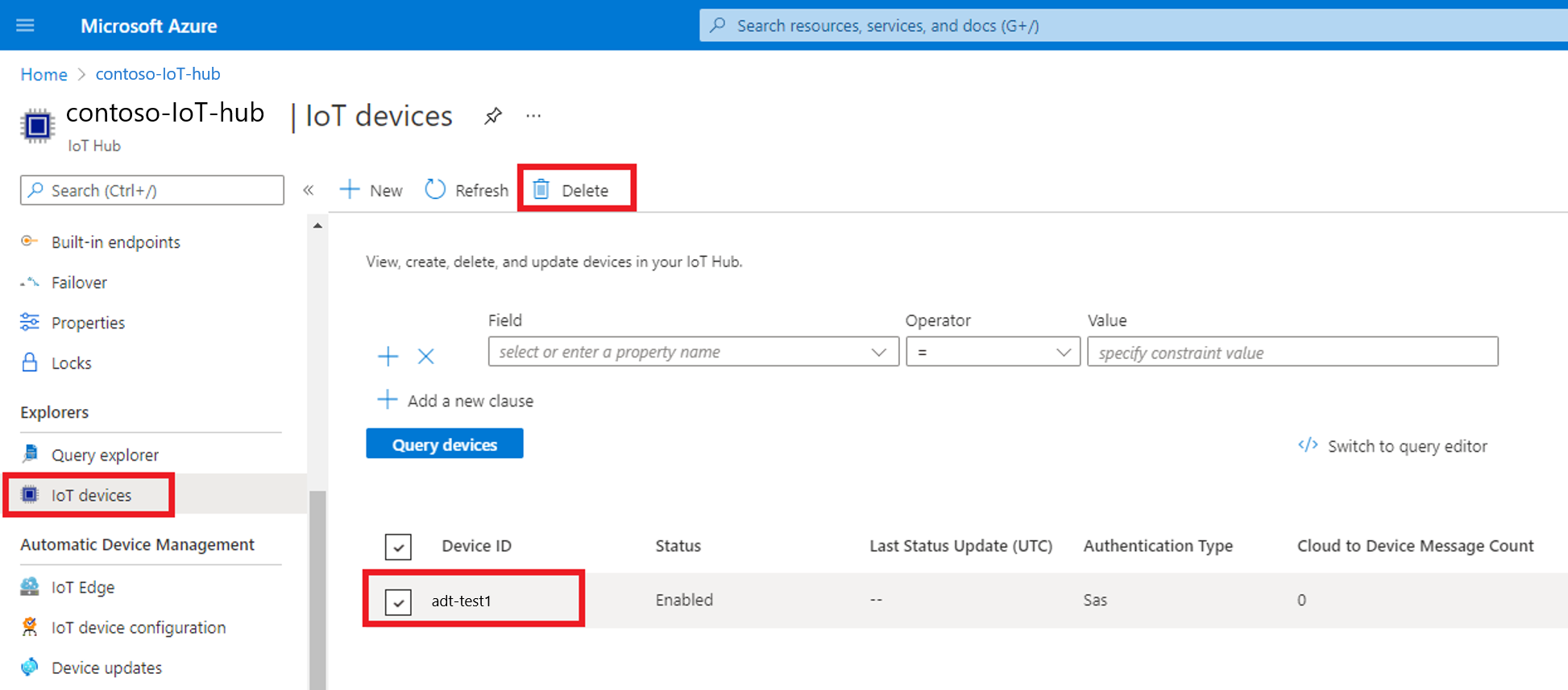 Screenshot of the Azure portal showing how to delete device twin from the IoT devices.