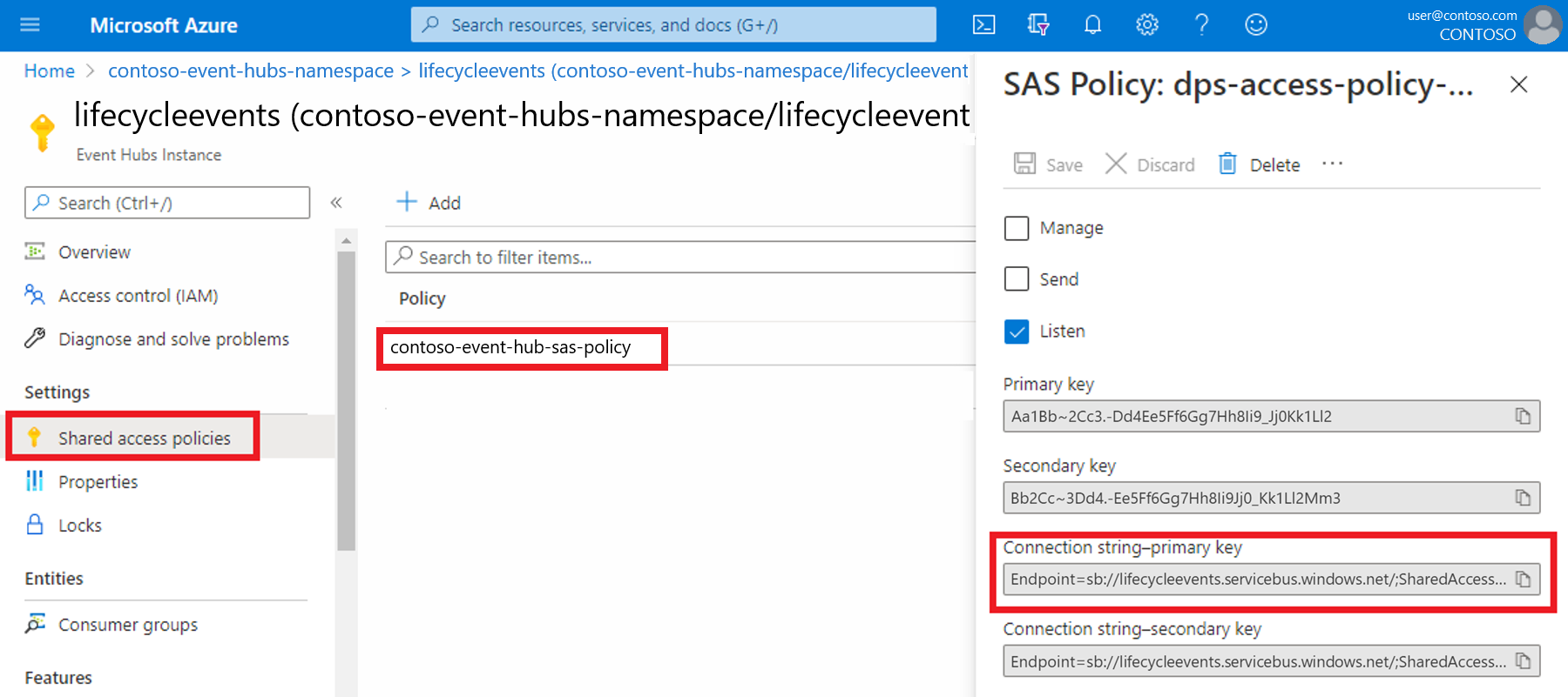 Screenshot of the Azure portal showing how to copy the connection string-primary key.