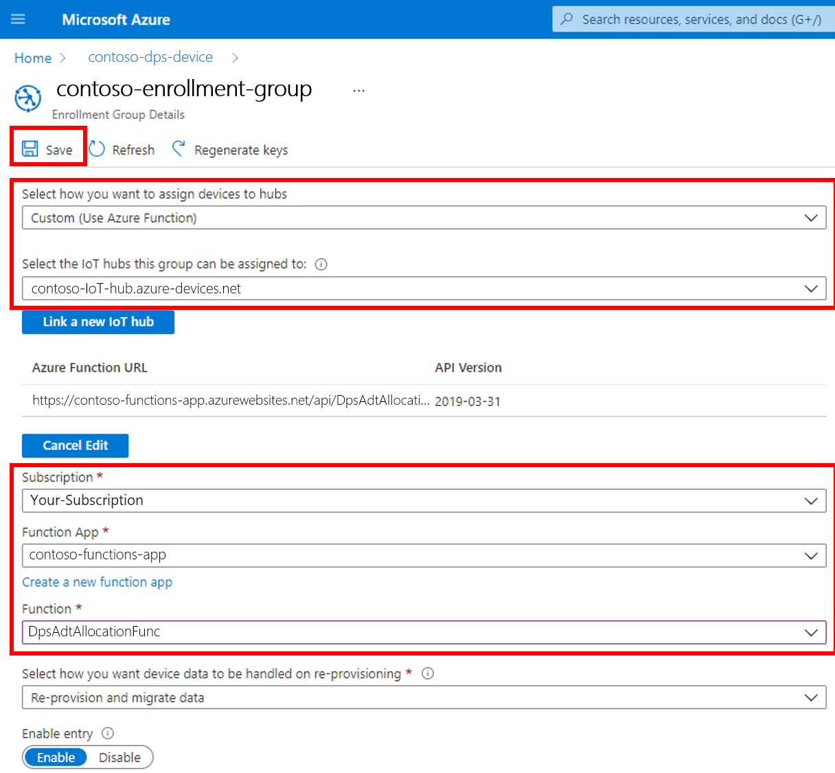 Screenshot of the Customs enrollment group details window in the Azure portal.