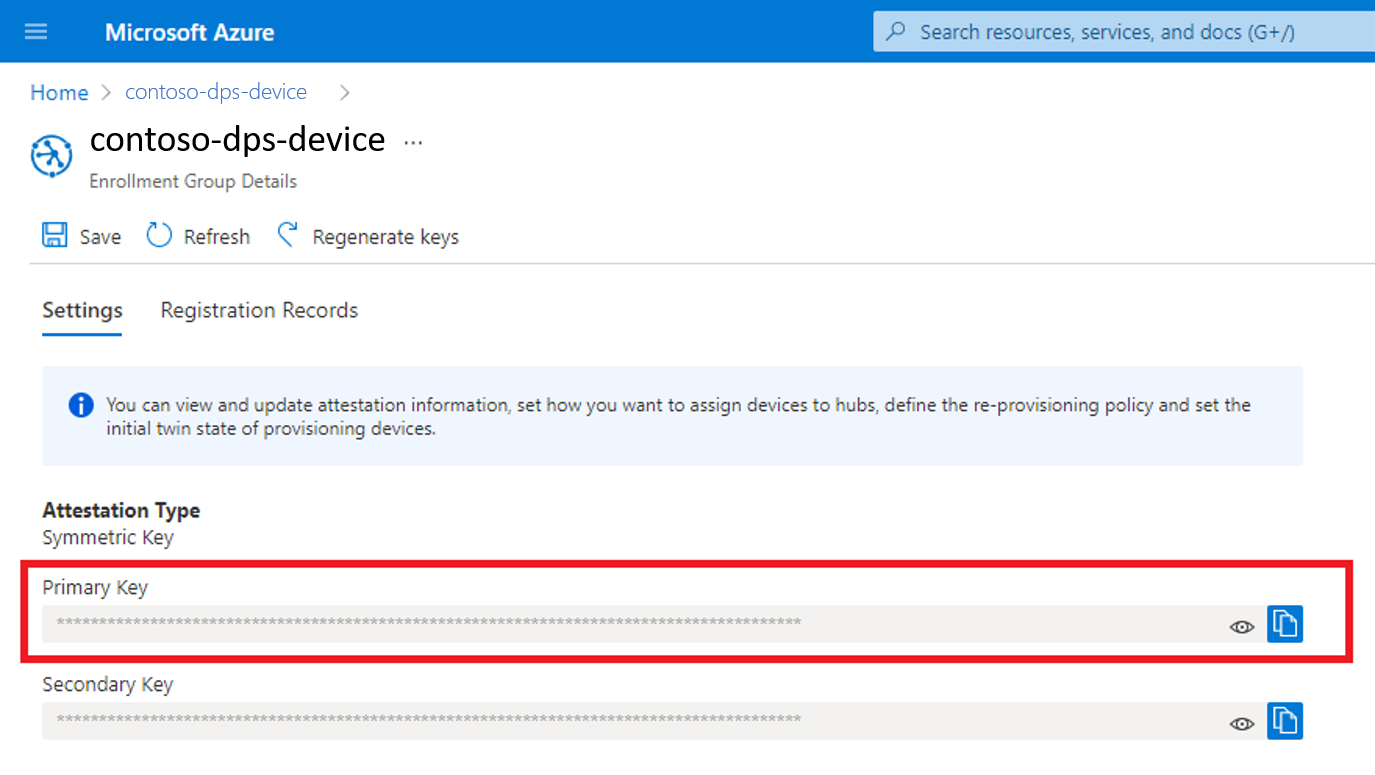 Screenshot of the Azure portal view of the device provisioning service manage enrollments page highlighting the SAS primary key value.