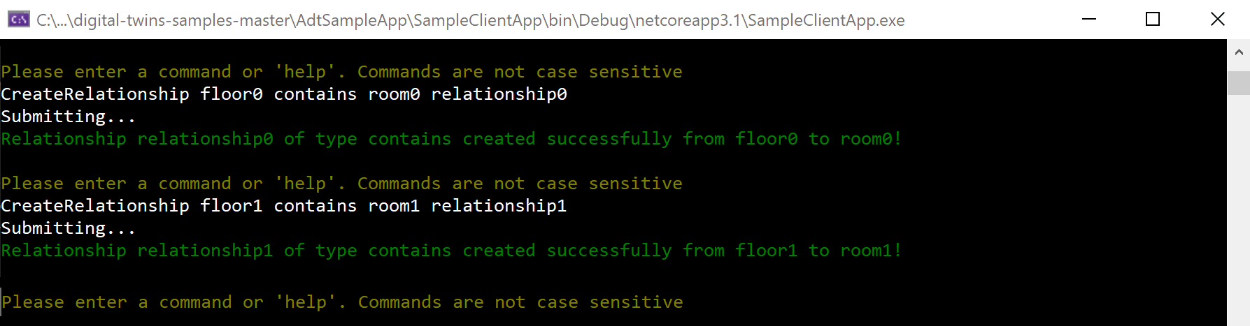 Screenshot: Auszug aus dem Ergebnis der Befehle vom Typ „CreateRelationship“ mit „relationship0“ und „relationship1“