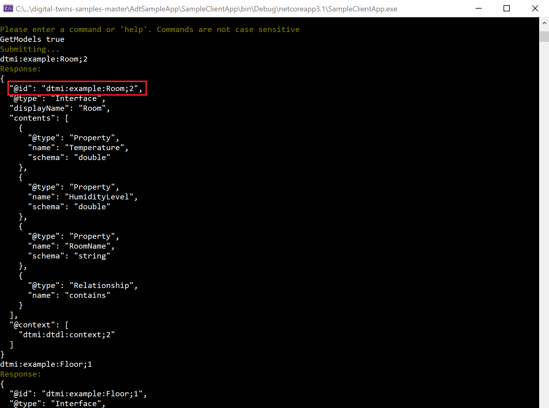 Screenshot: Ergebnis von „GetModels“ mit dem aktualisierten Raummodell
