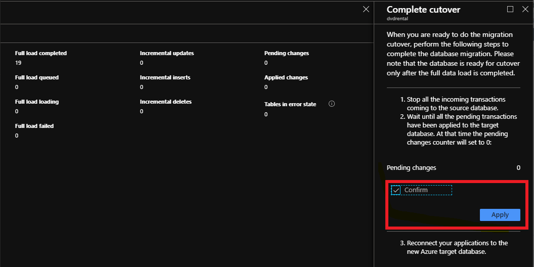 Screenshot des Bildschirms „Vollständiges Cutover“.