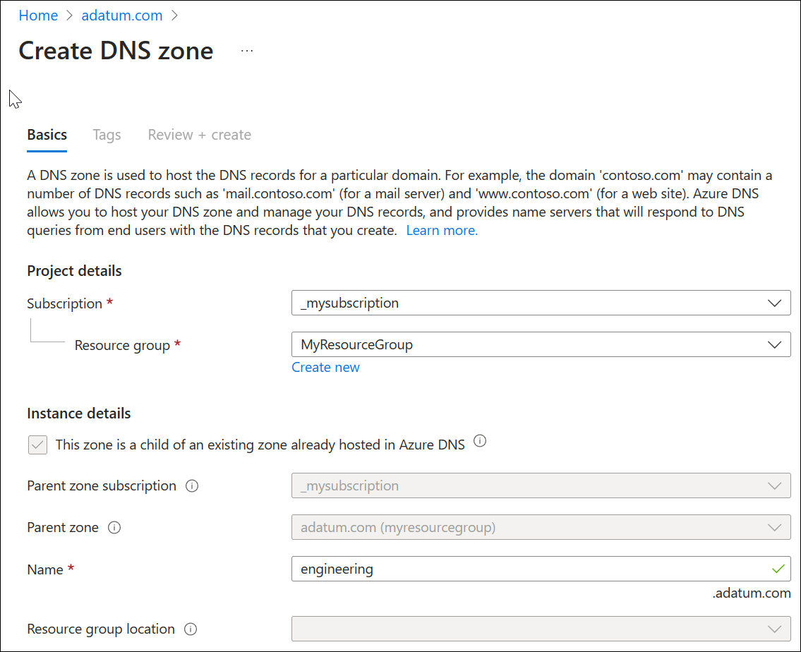 Screenshot der Erstellung einer untergeordneten DNS-Zone