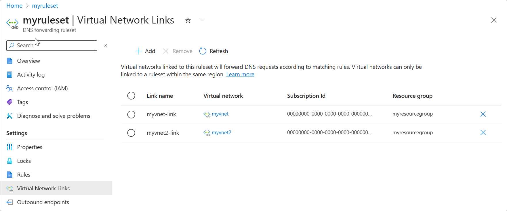 Screenshot: Regelsatz für virtuelle Netzwerklinks