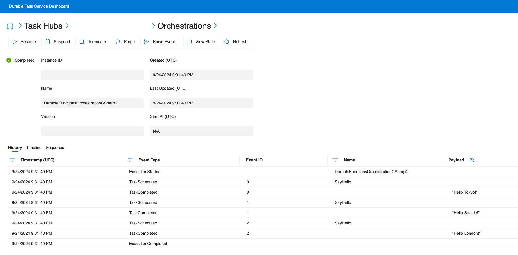 Screenshot des Dashboards mit Details zur Orchestrierungsinstanz.
