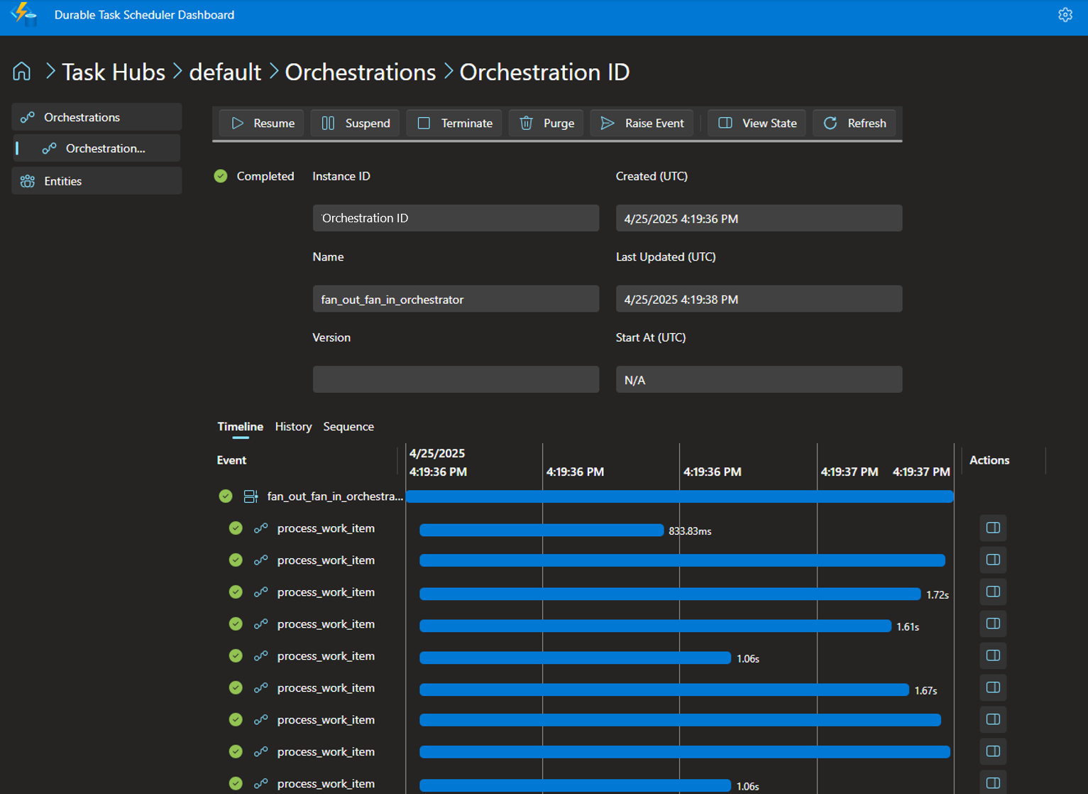 Screenshot mit den Details der Orchestrierungsinstanz für das Python Sample.