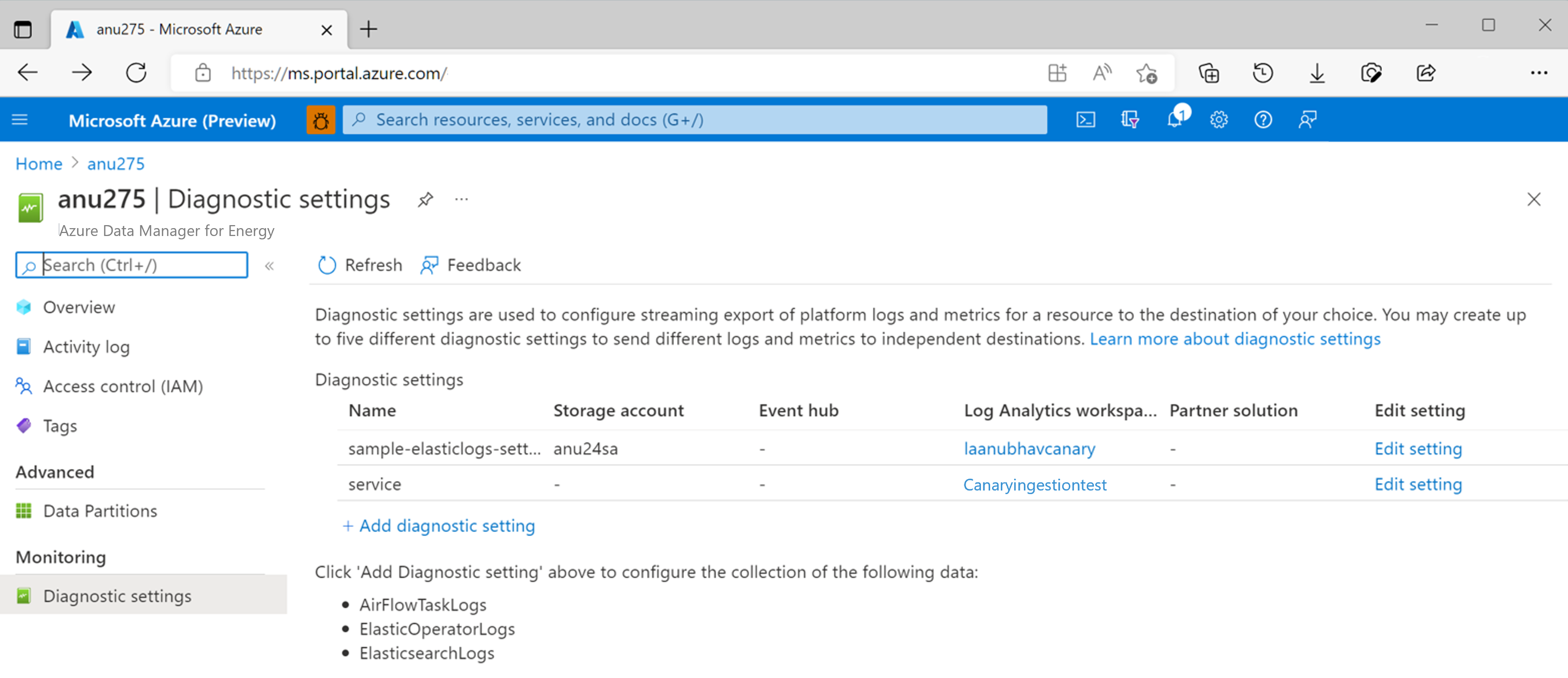 Screenshot der Übersichtsseite für Diagnoseeinstellungen. Die Seite zeigt eine Beispieldiagnoseeinstellung zum Verknüpfen von Elasticsearch-Protokollen mit Azure Monitor.