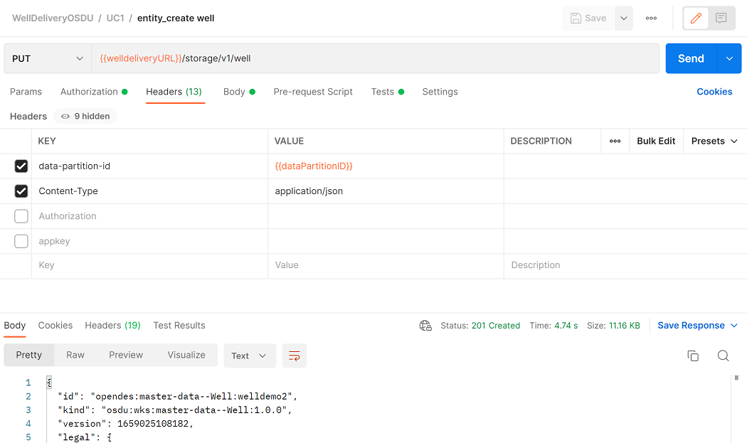 Screenshot that shows the API that creates a well record.