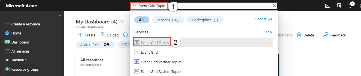 Screenshot zeigt den Azure Port Suchleiste, um Event Grid Thema zu suchen.
