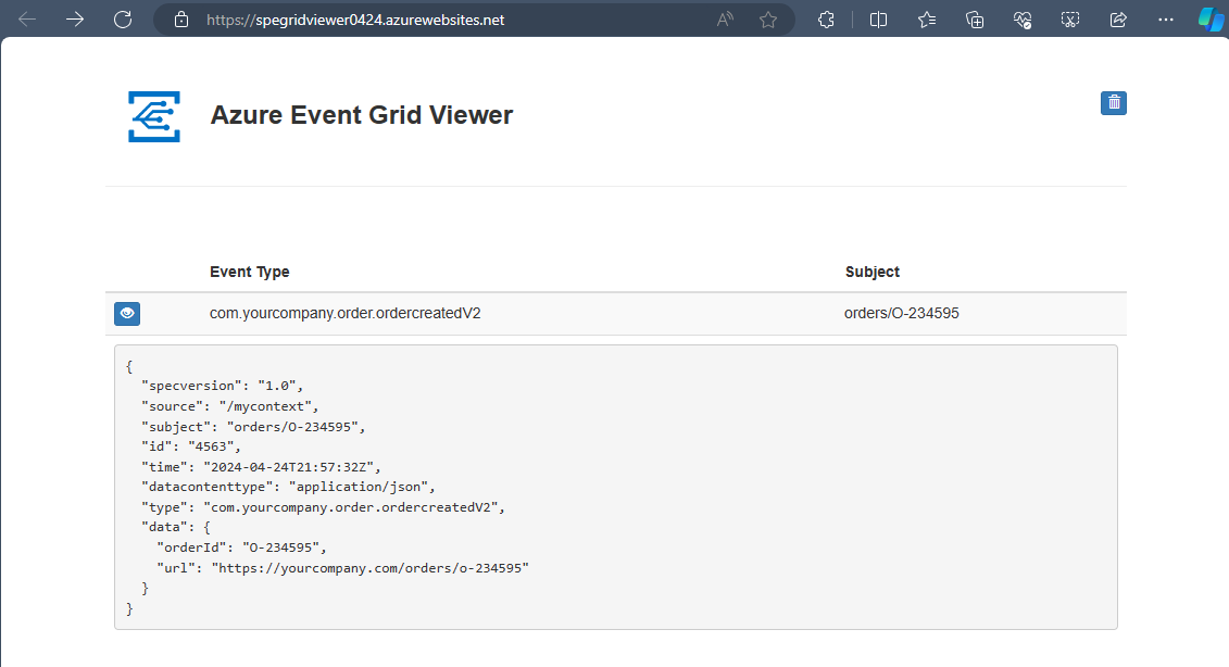 Screenshot von Azure Event Grid Viewer mit einem empfangenen Beispielereignis