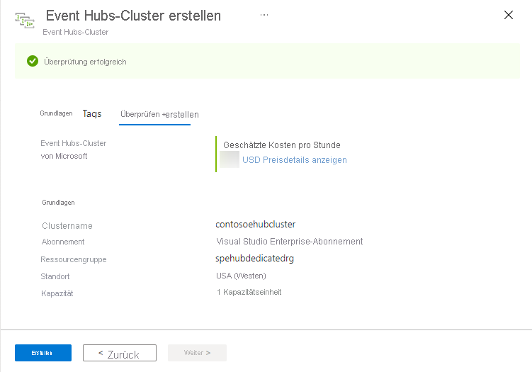 Abbildung: Seite „Event Hubs-Cluster erstellen: Überprüfen + erstellen“
