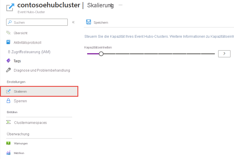 Screenshot: Registerkarte „Skalieren“ der Seite „Event Hubs-Cluster“