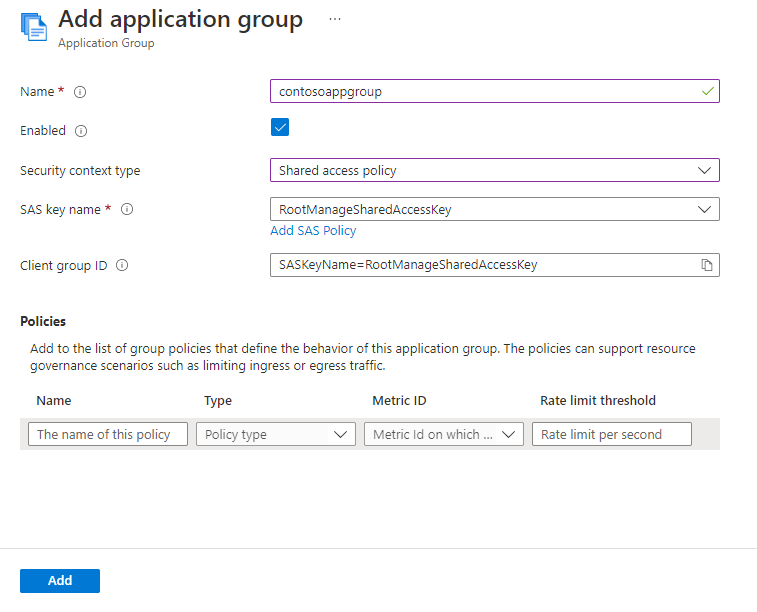 Screenshot: Seite „Anwendungsgruppe hinzufügen“ mit ausgewählter Option „SAS-Richtlinie“.