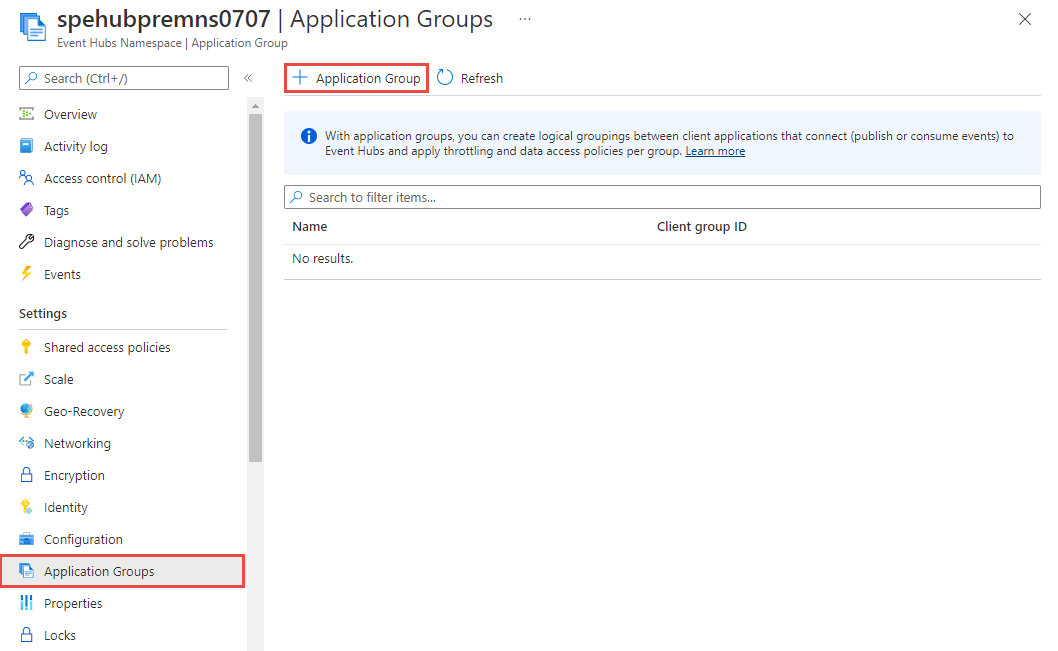 Screenshot: Seite „Anwendungsgruppen“ im Azure-Portal.
