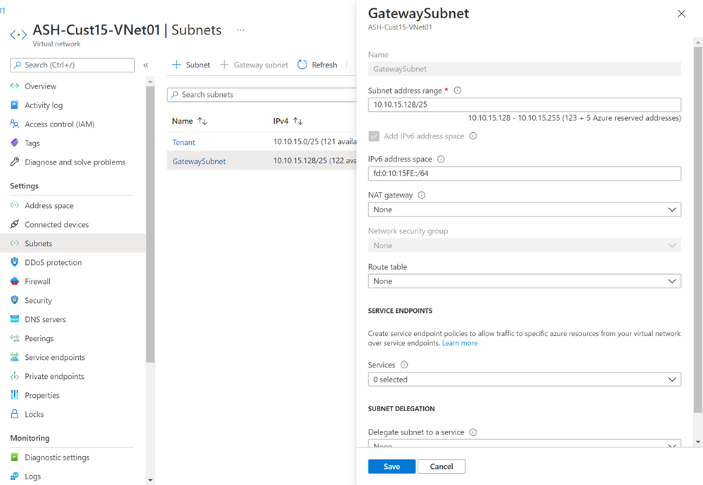 Screenshot: Hinzufügen des Ipv6-Adressraums zum Subnetz.