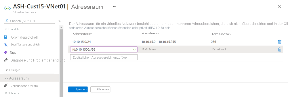 Screenshot: Hinzufügen eines IPv6-Adressraums zum virtuellen Netzwerk.