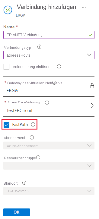 Screenshot des Kontrollkästchens „FastPath“ auf der Seite „Verbindung hinzufügen“.
