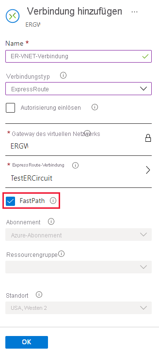 Screenshot of FastPath checkbox in add a connection page.