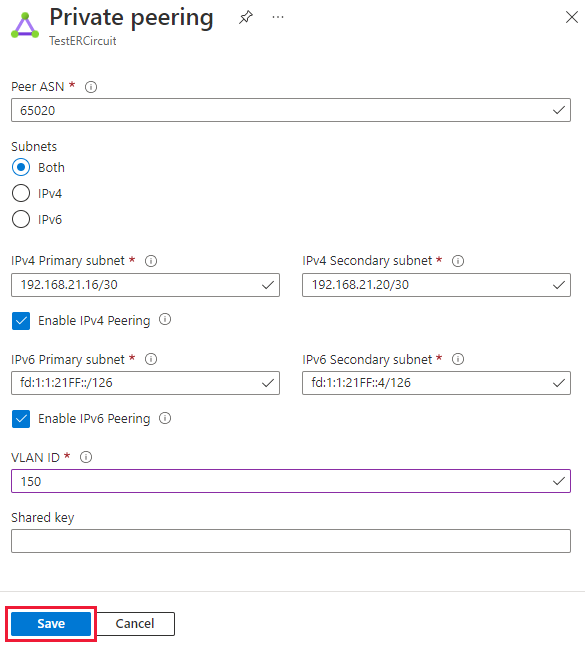 Tutorial: Konfigurieren des Peerings für eine ExpressRoute-Leitung:  Azure-Portal | Microsoft Learn