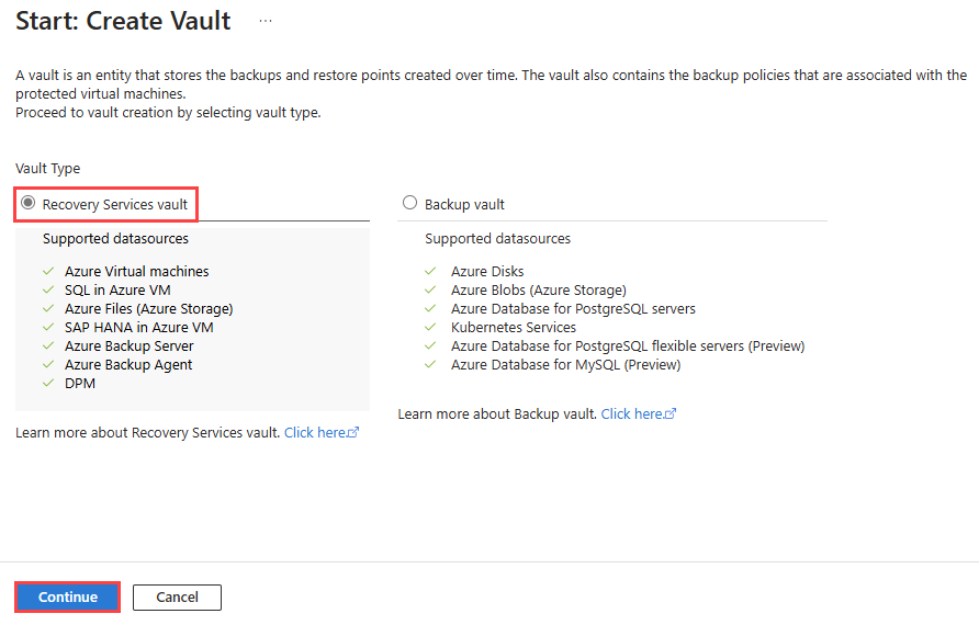 Screenshot: Erstellen eines Recovery Services-Tresors über das Azure-Portal
