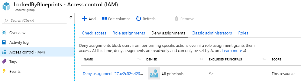 Screenshot of the Access control (I A M) page and the Deny assignments tab for a resource group.