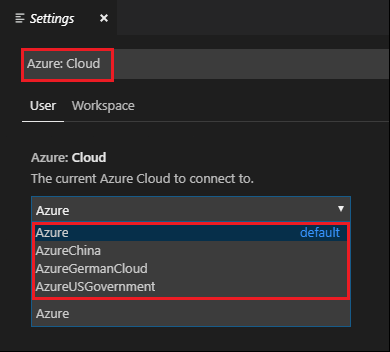Screenshot: Auswählen der Anmeldung bei der nationalen Azure-Cloud für Visual Studio Code