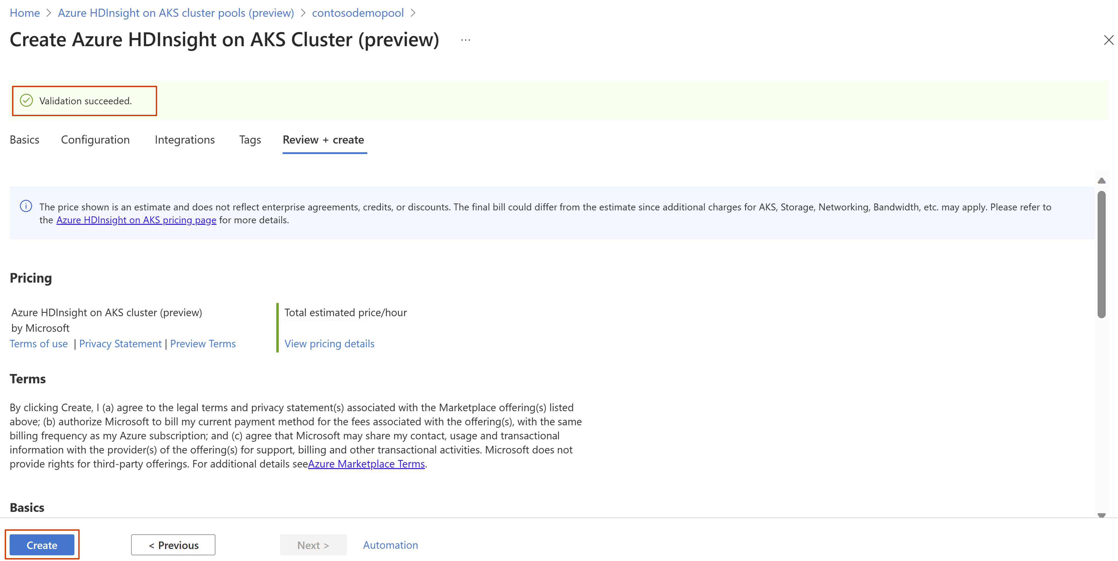 Screenshot: Registerkarte „Überprüfen und erstellen“ für den Cluster.