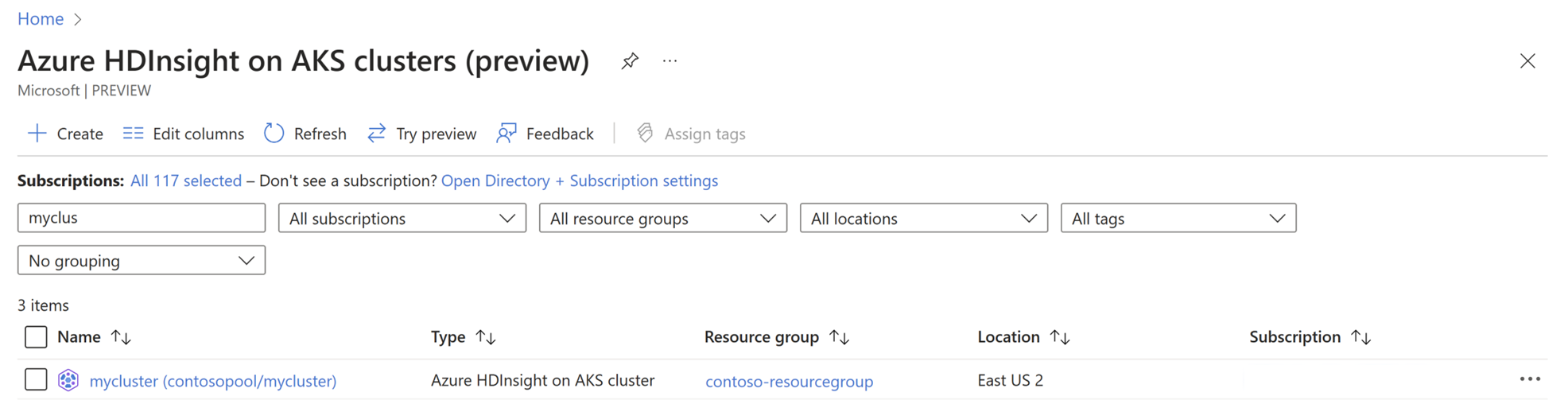 Screenshot: Auswählen des benötigten HDInsight on AKS-Clusters in der Liste.