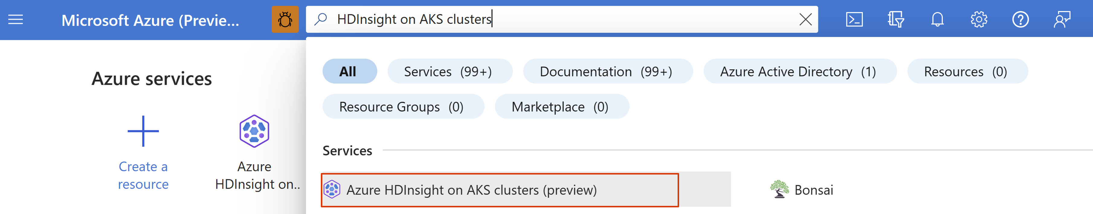 Screenshot: Suchoption für die ersten Schritte mit einem HDInsight on AKS-Cluster.