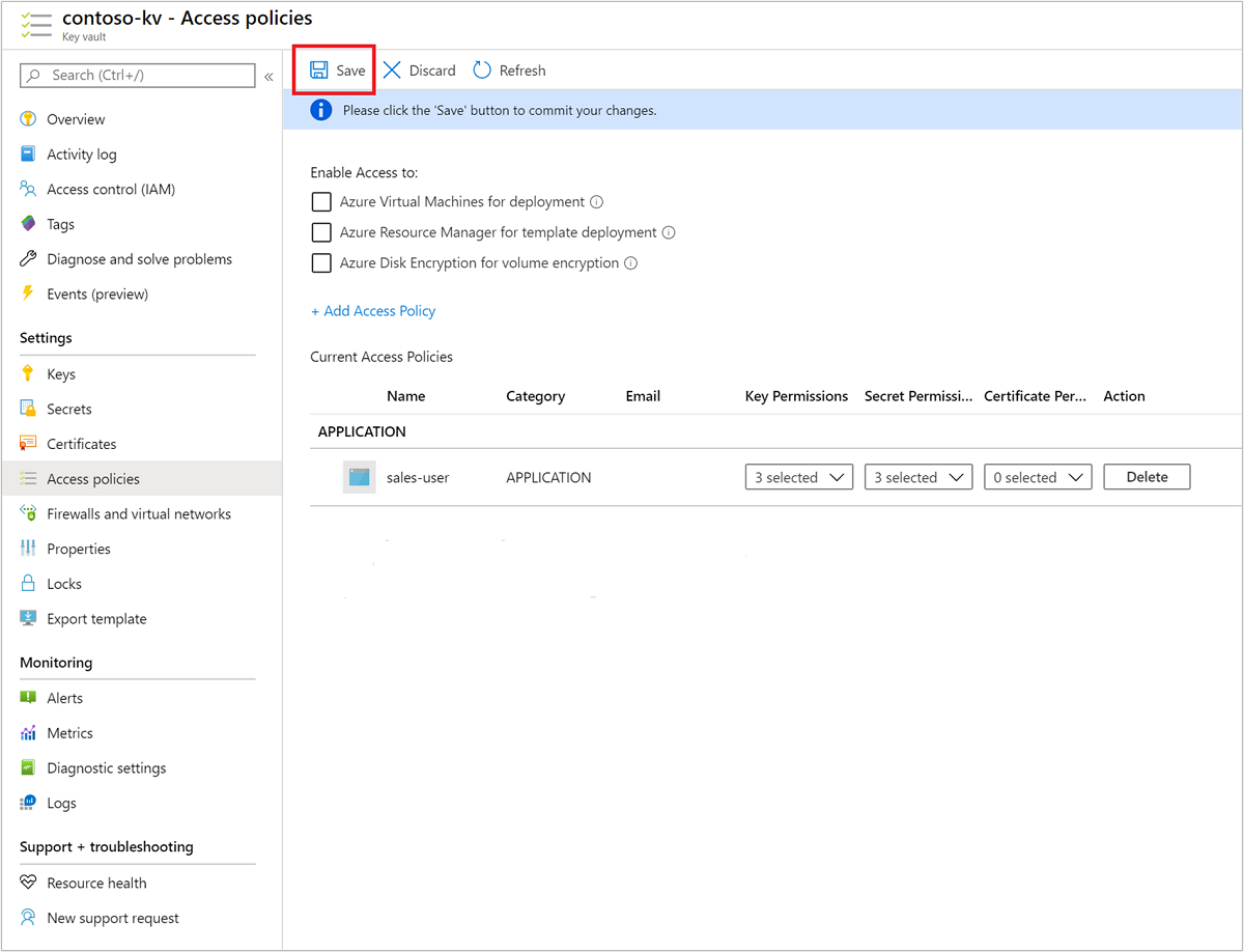Save Azure Key Vault access policy.