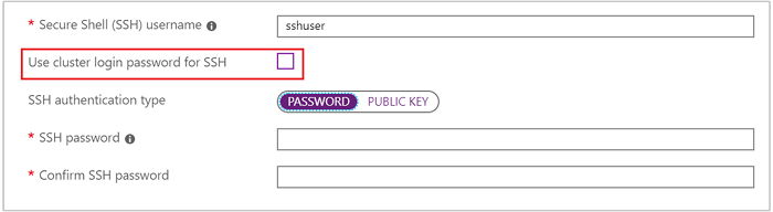 SSH password dialog in HDInsight cluster creation.
