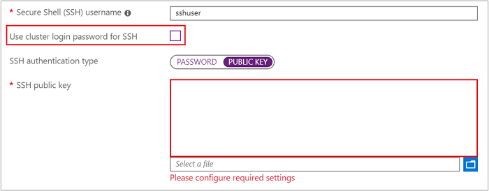 SSH public key dialog in HDInsight cluster creation.