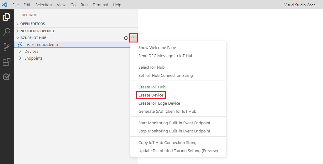 Screenshot that shows Visual Studio Code with the Azure IoT Hub extension with Create device selected.