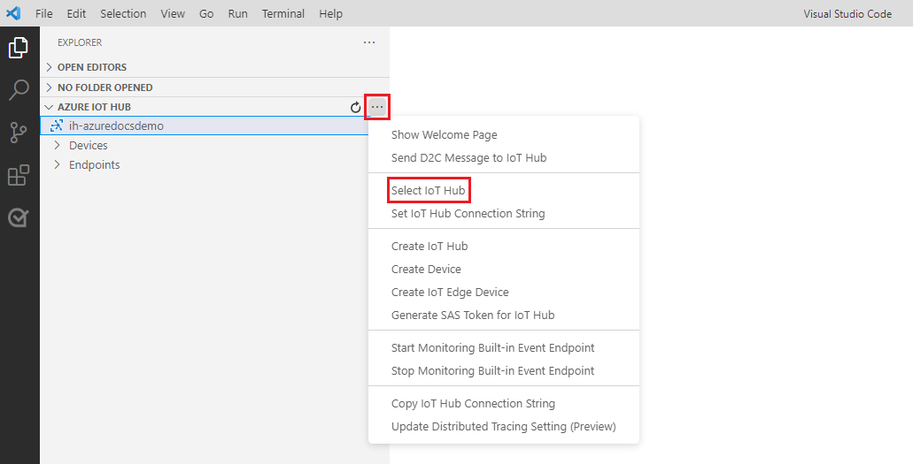 Screenshot: Visual Studio Code mit der Azure IoT Hub-Erweiterung, bei der der bereitgestellte IoT Hub ausgewählt ist