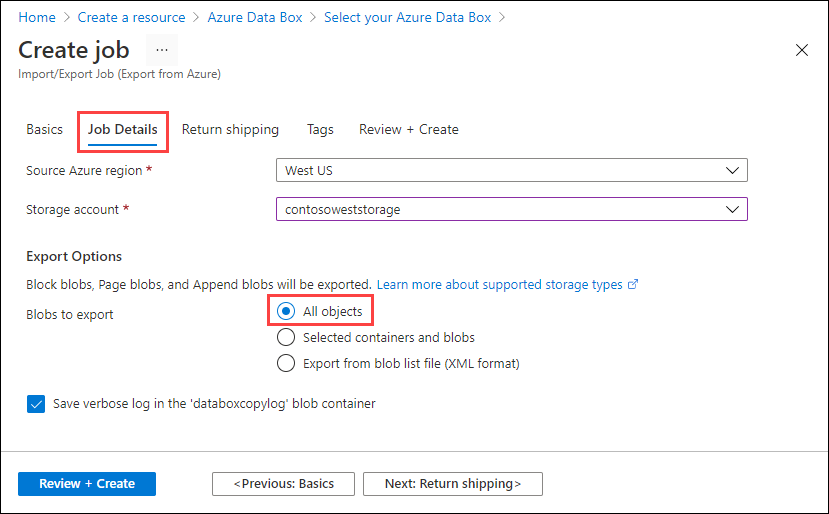 Screenshot der Registerkarte „Auftragsdetails“ für einen neuen Exportauftrag im Azure Import/Export-Auftragsvorschau-Portal. „Alle exportieren“ ist neben „Blobs zum Exportieren“ hervorgehoben.